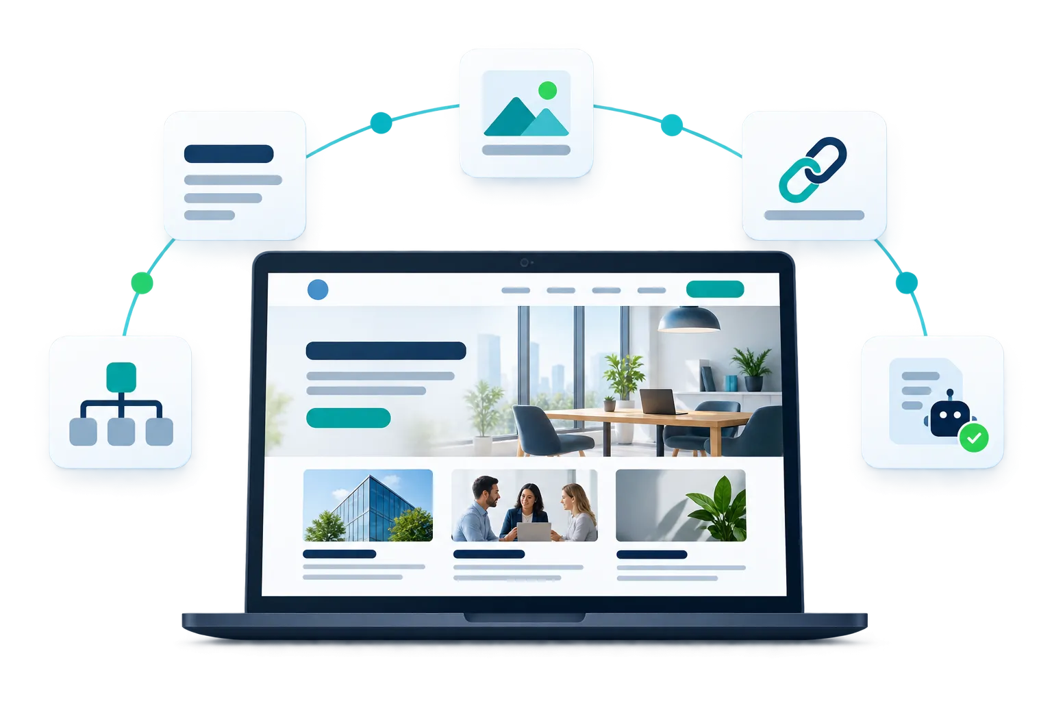 SEO-friendly website design illustrated with page content, images, links and sitemap controls.