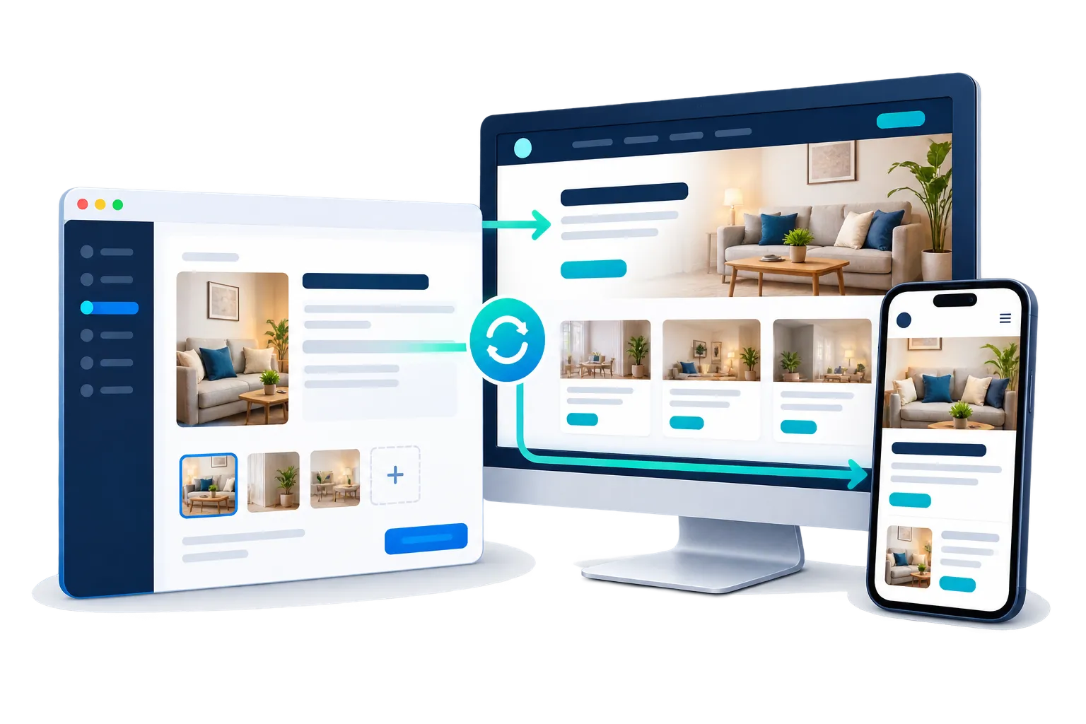 Dynamic website development illustrated by content edits updating desktop and mobile website views.