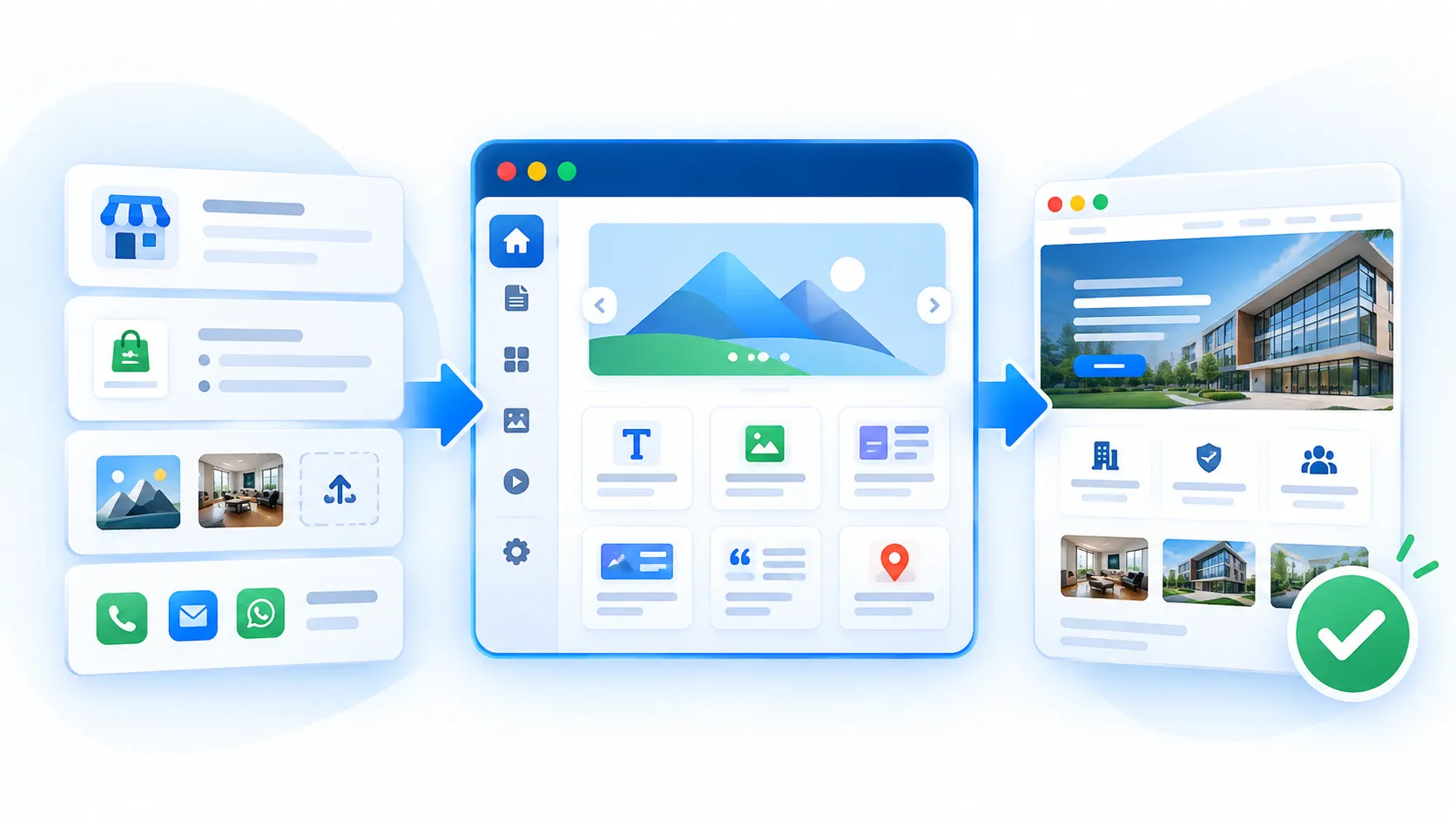 Managed website setup flow from business information and images to a completed SiteSeas website.