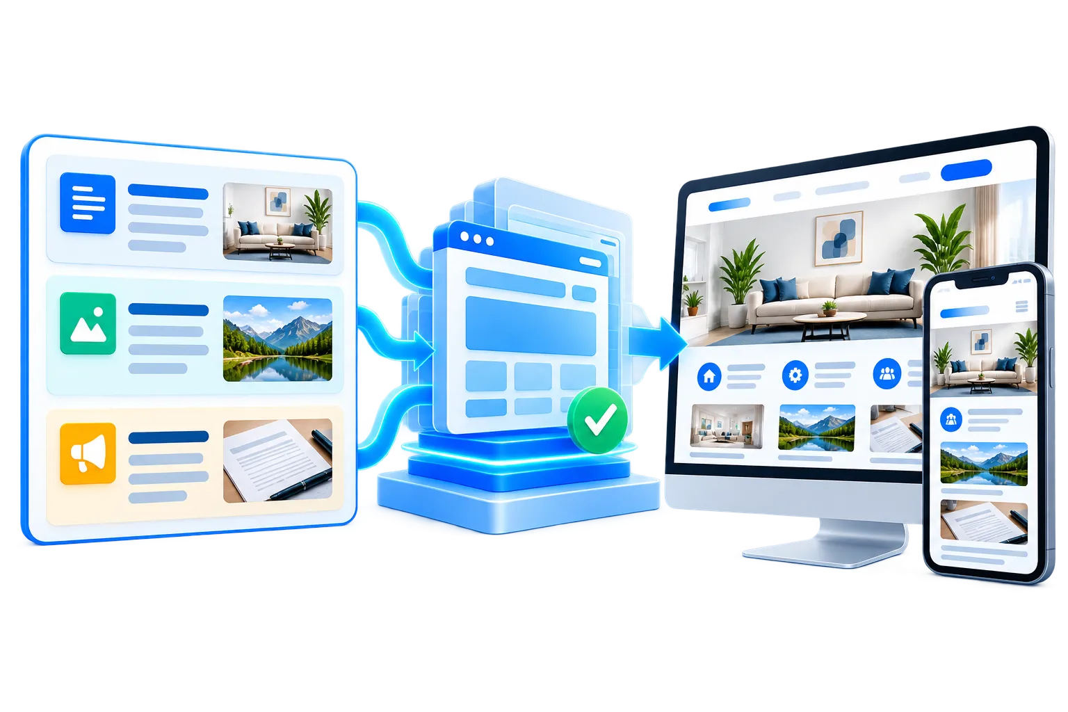 Website updates and support illustrated by content changes reaching desktop and mobile pages.