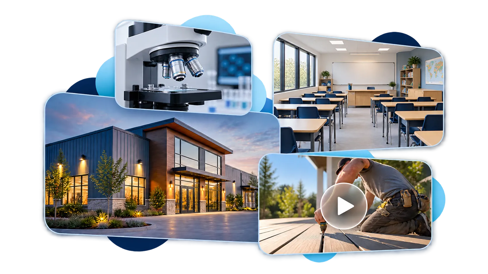 Website image and video gallery illustration showcasing machinery, a classroom, a building and hands-on work.
