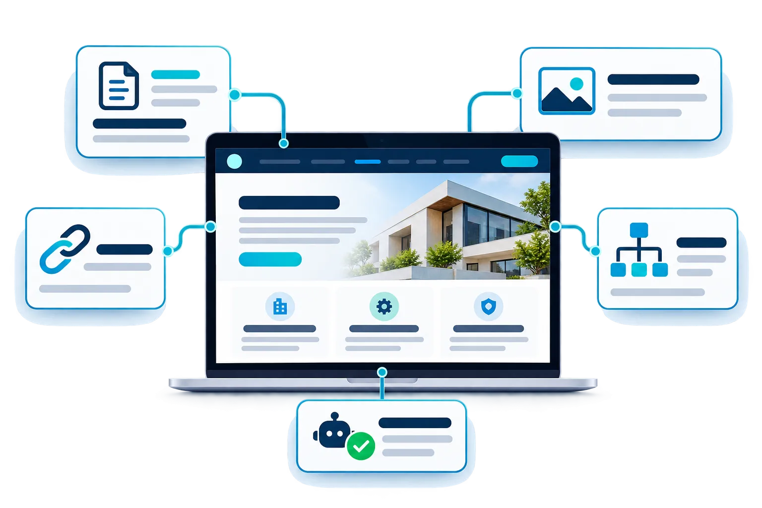 Website SEO controls illustrated with page metadata, image, link, sitemap and crawler-control symbols.