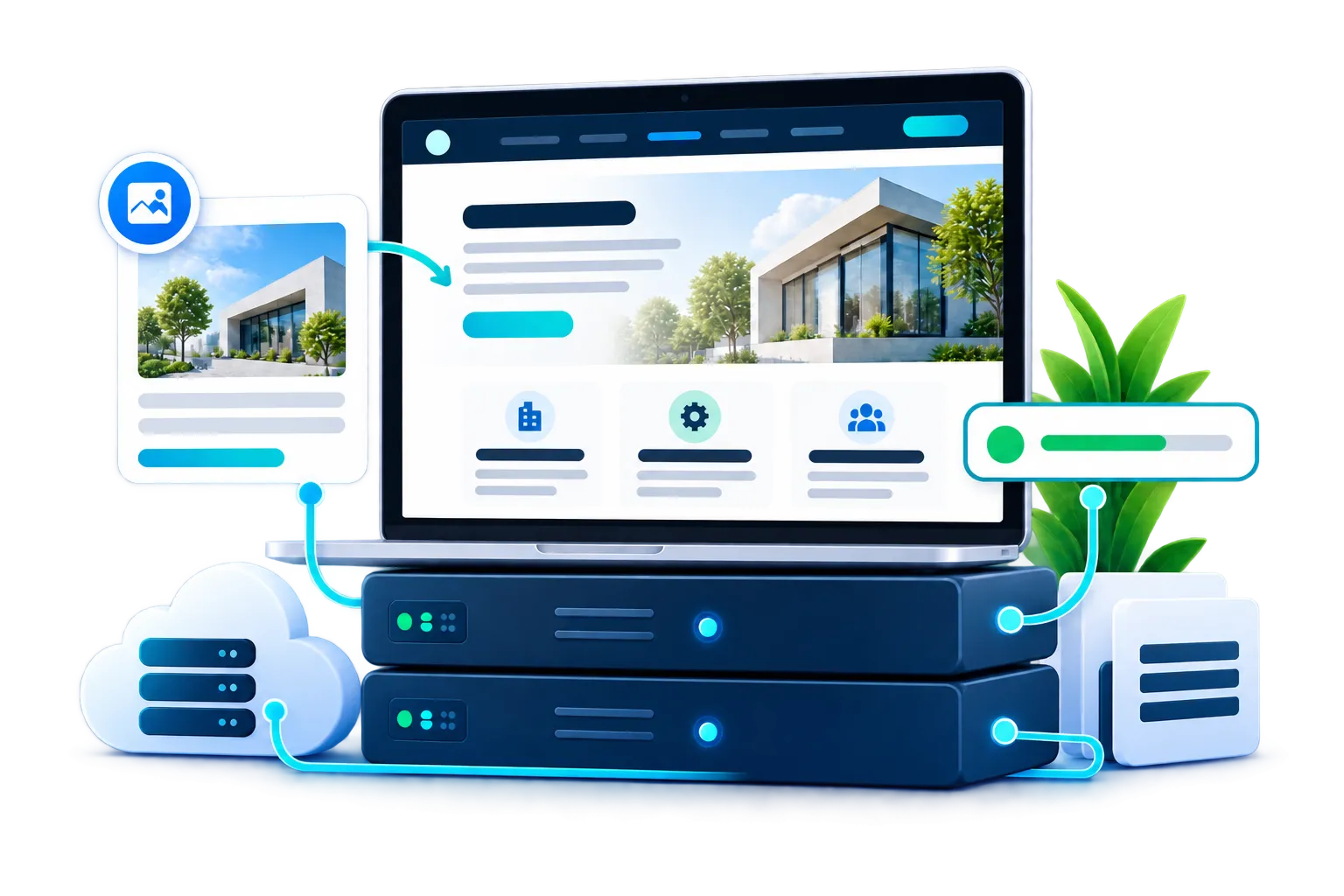 Managed website hosting illustration connecting desktop and mobile pages to servers and a security shield.