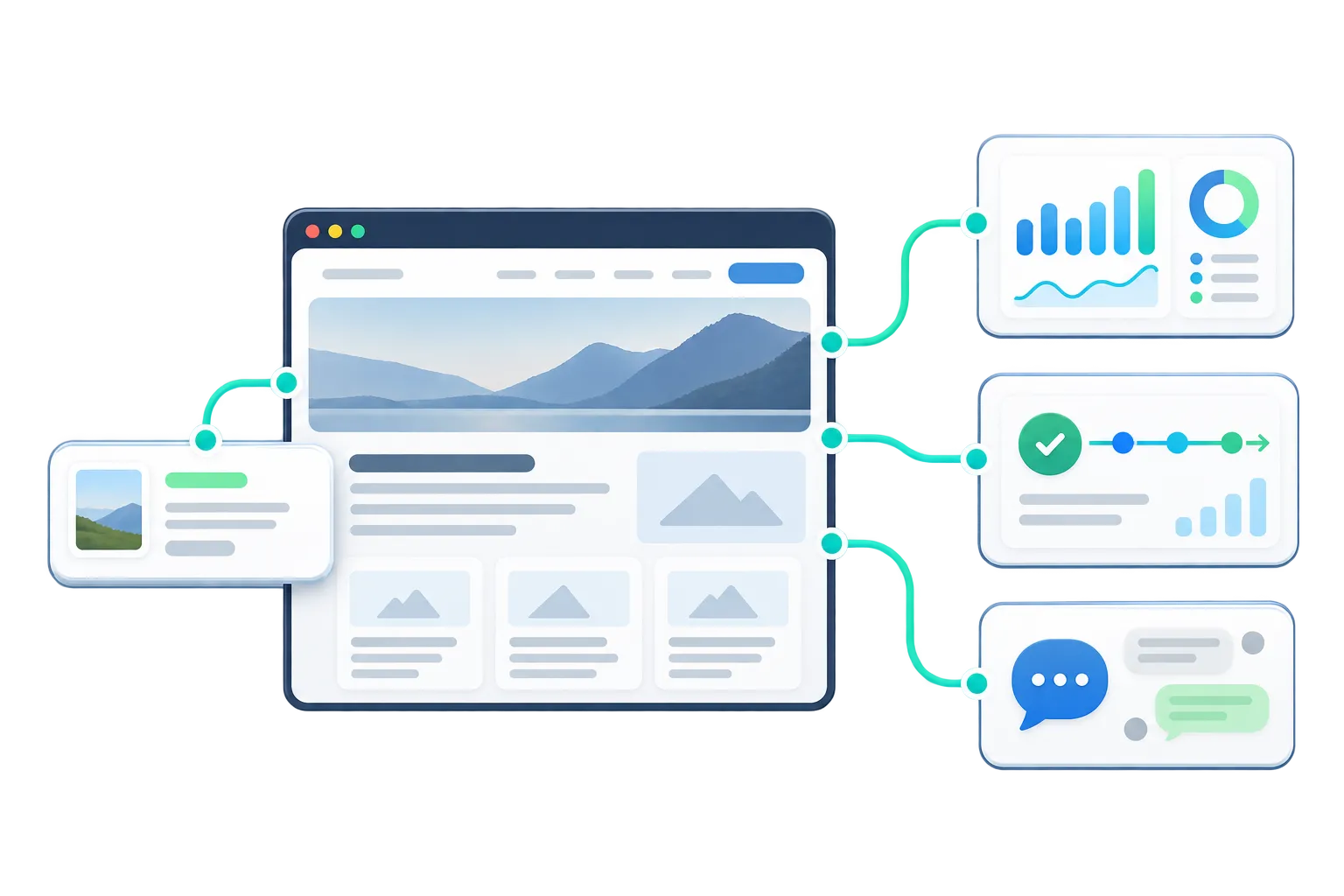 Website analytics integrations illustrated by a business website connected to traffic reports and a chat panel.