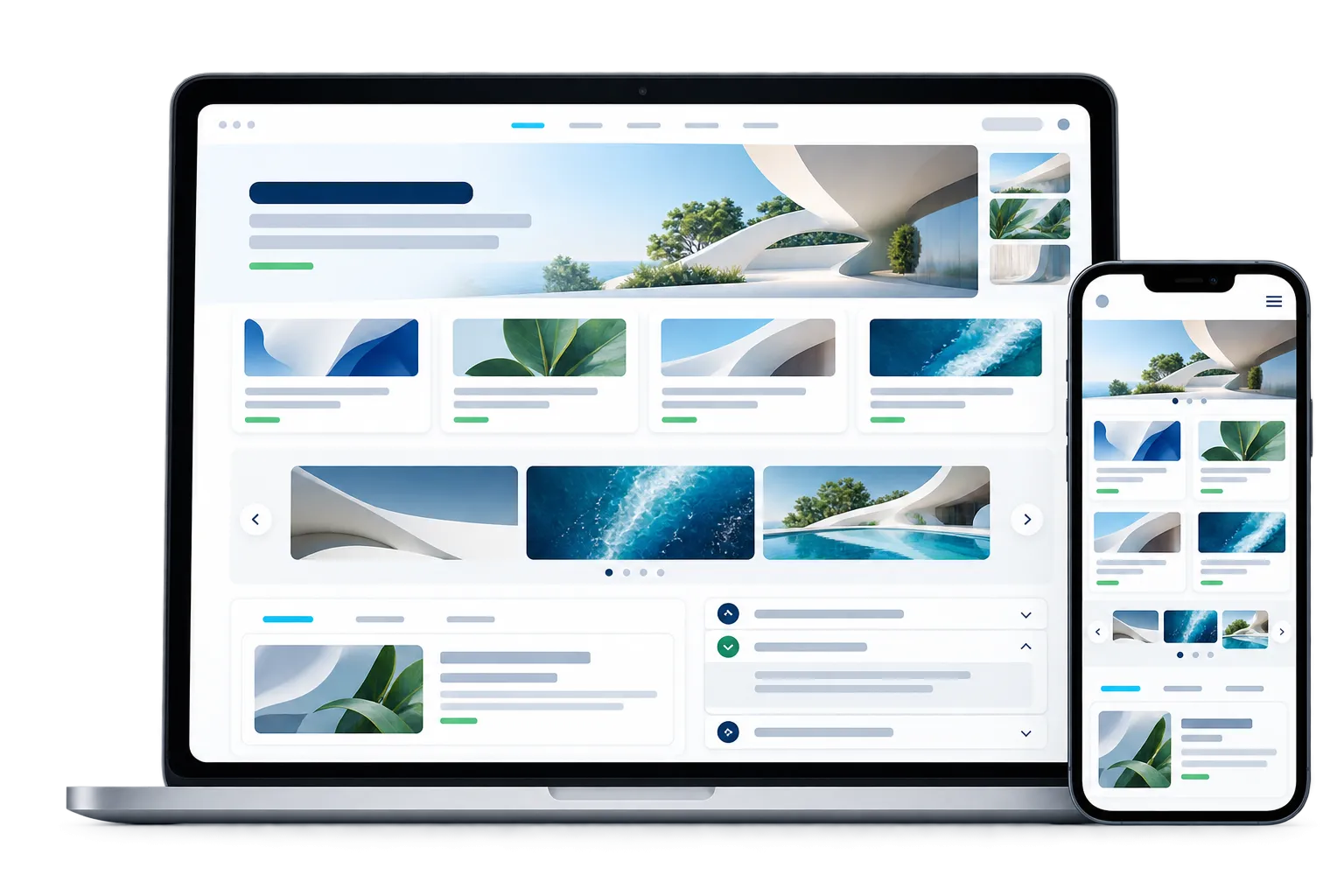 Website content components illustrated by image grids, content cards and expandable sections on desktop and mobile.
