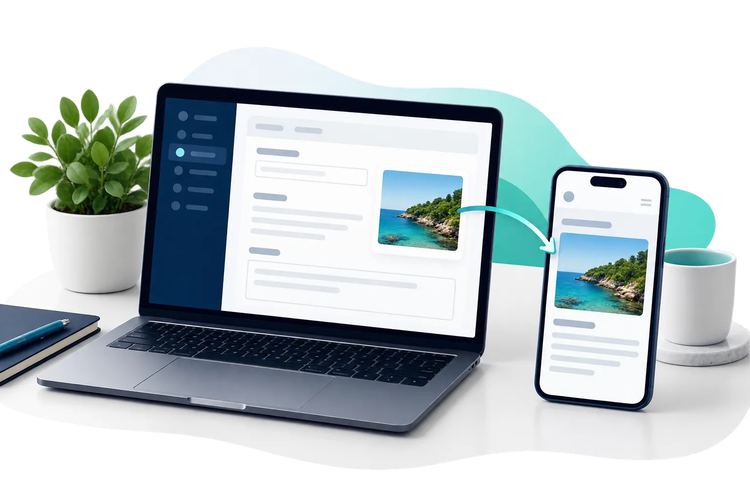 Easy website updates illustrated by a website admin panel connected to an updated mobile page.