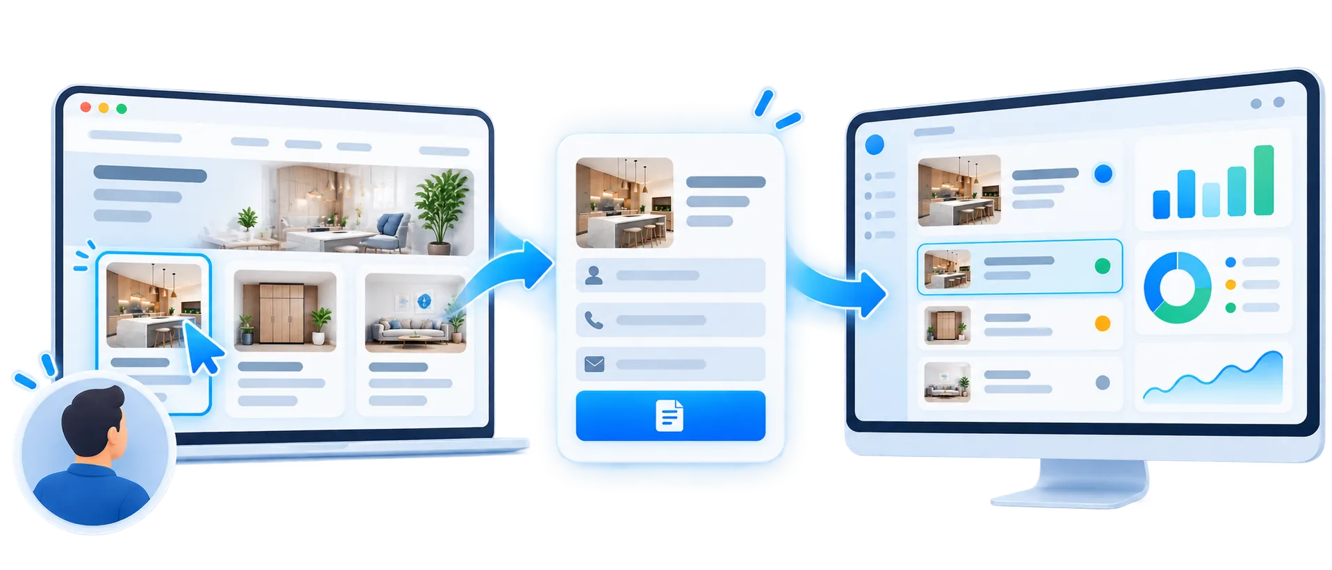 Website lead management illustrated with a business website, enquiry form, lead-review screen and website intelligence charts.
